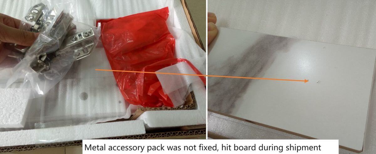 Close-up of panel crack caused by loose hardware impact during transit