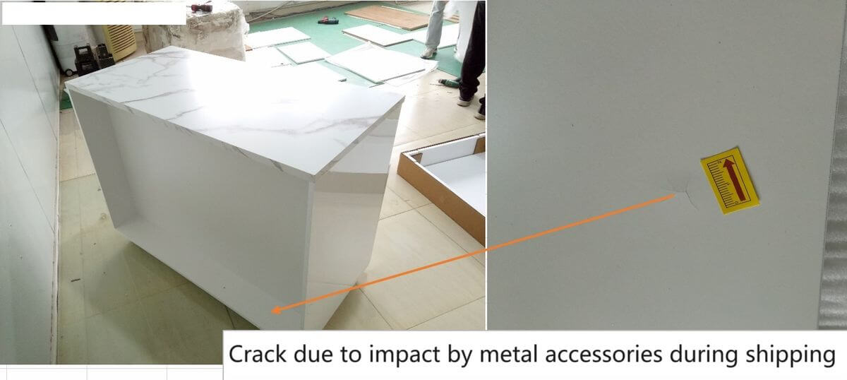KD Furniture Inspection: Loose Hardware Cracks Panels — Transit damage from unsecured metal accessories