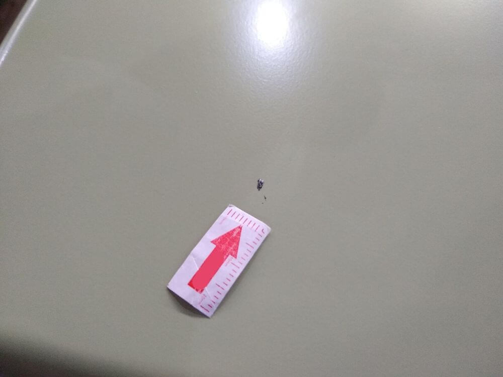 Residual paint particles on oven tray surface — second dust contamination example
