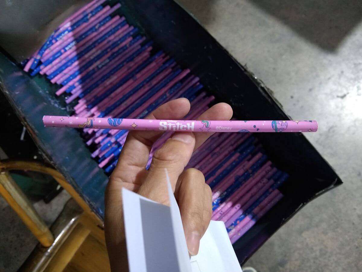 Pencil production - slats and finished pencils at Yiwu pencil factory