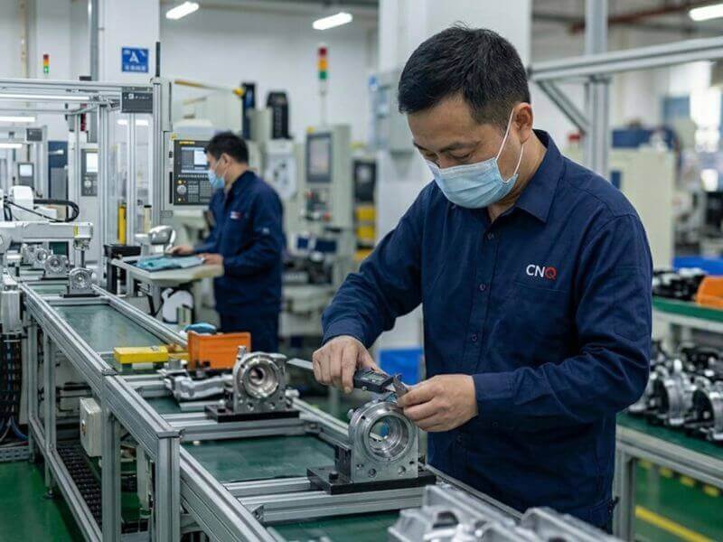 CNQ inspector performing a pre-shipment inspection on the factory floor in China