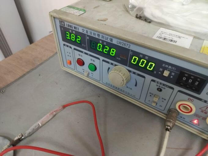 Electrical inspection in China: hi-pot tester reading at specified test voltage