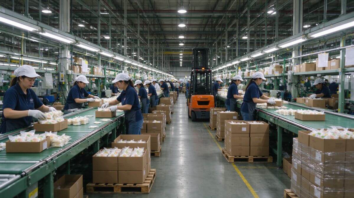 Chinese factory production line with workers and forklift during pre-Chinese New Year production