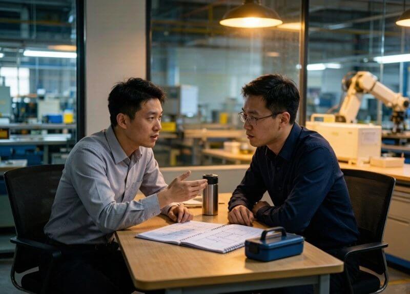 Two founding engineers of China Quality Service meeting at a factory in Dongguan, China, 2009 — the moment CNQ was conceived